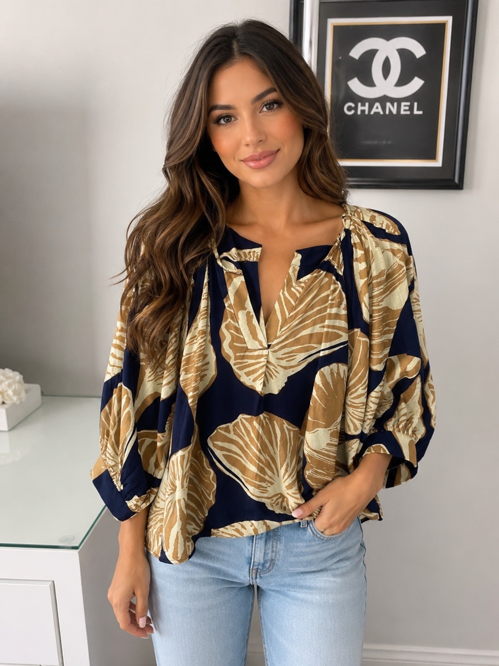 NWOT Umgee Navy and Gold Botanical Peasant Blouse